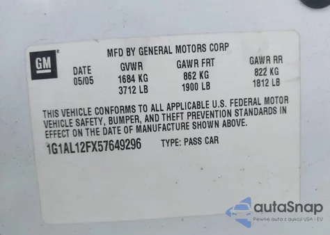 2005 Chevrolet Cobalt Ls из США, поврежденный, VIN 1G1AL12FX57649296